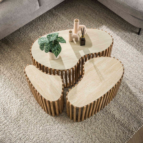 Vento niervormige salontafel set van 3 travertin massief mango zand