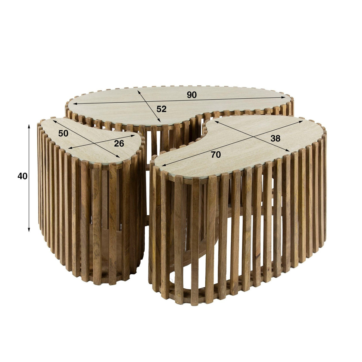 Set de 3 mesas de centro con forma de riñón de travertino macizo de mango arena 