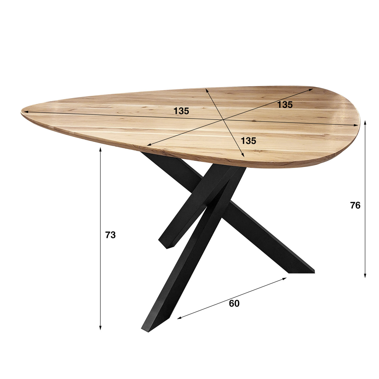 Mesa de comedor triangular de madera maciza de acacia de 135 cm 