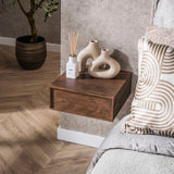 Mesita de noche flotante de acacia color caoba marrón industrial 