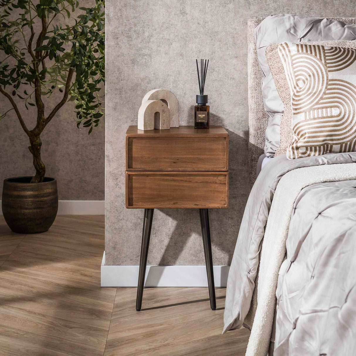 Mesita de noche Lio – Acacia Drift Brown – 2 Cajones 