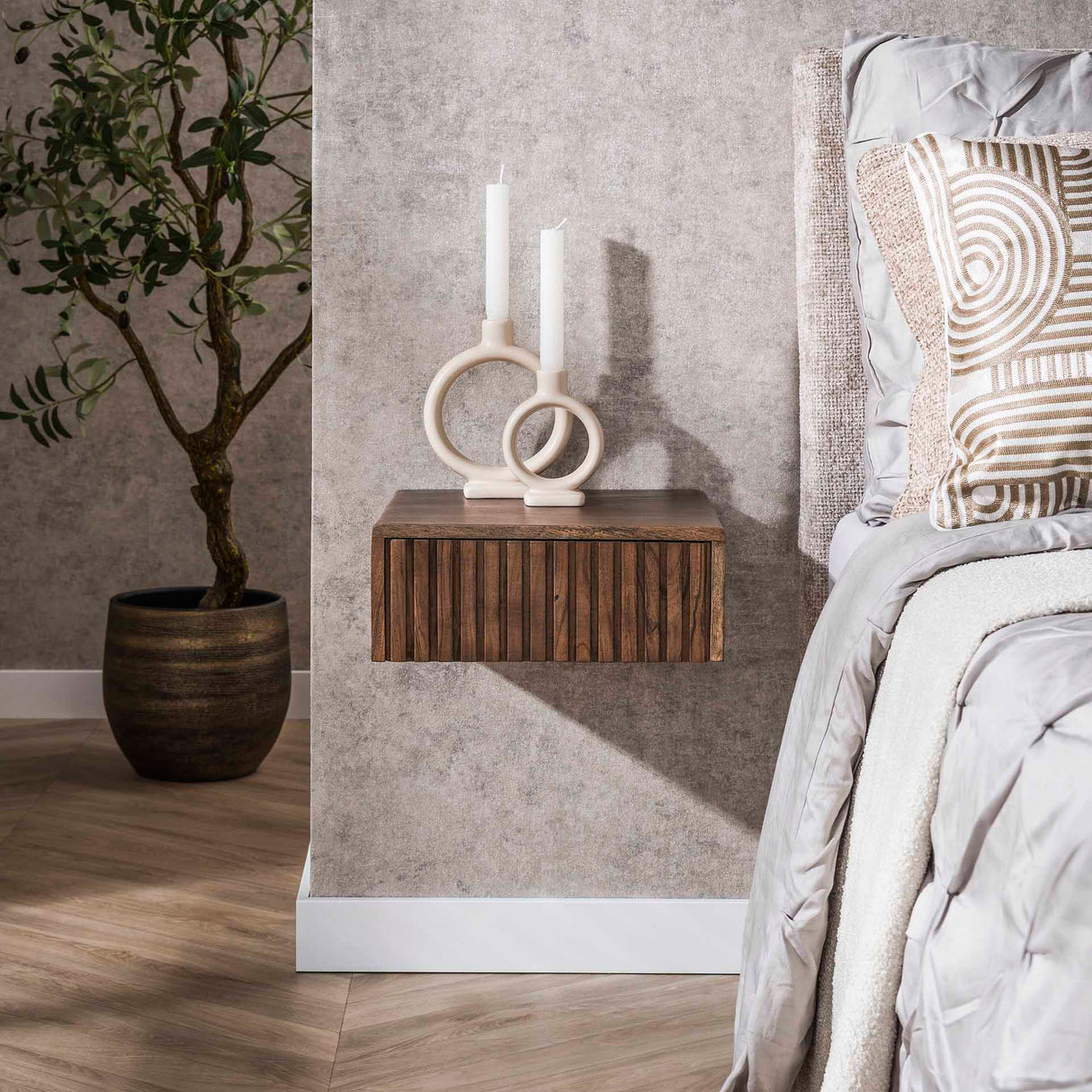 Mesita de noche flotante de madera de acacia color marrón ceniza – 1 cajón 