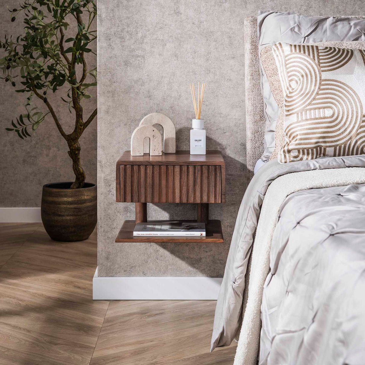 Mesita de noche flotante Acacia Drift Brown – 1 cajón 35 cm 