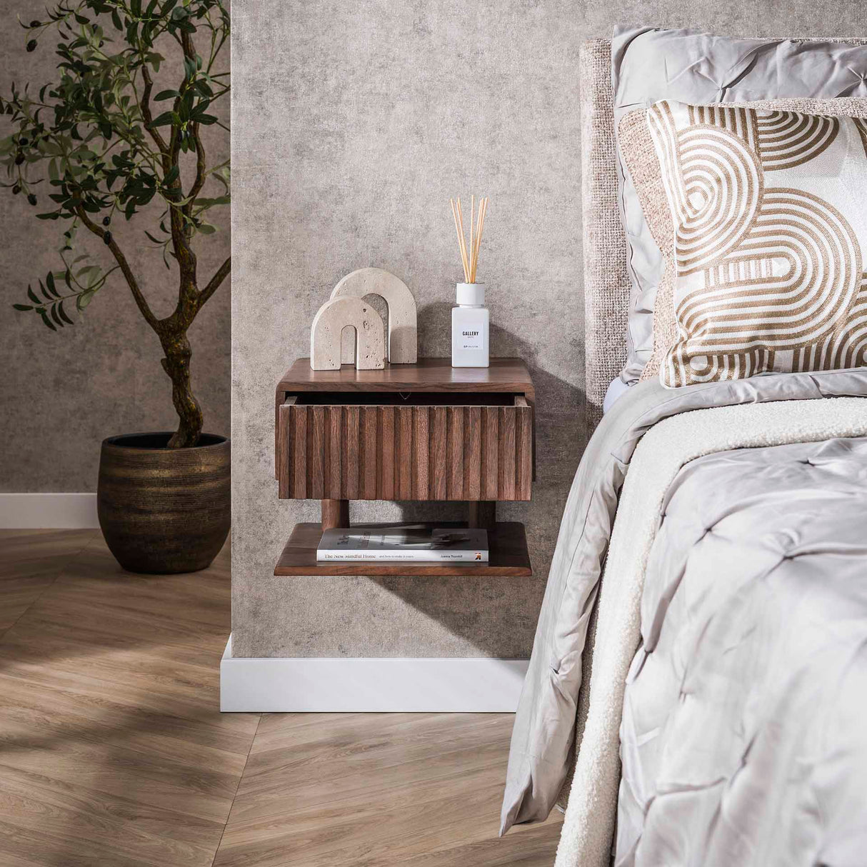 Mesita de noche flotante Acacia Drift Brown – 1 cajón 35 cm 