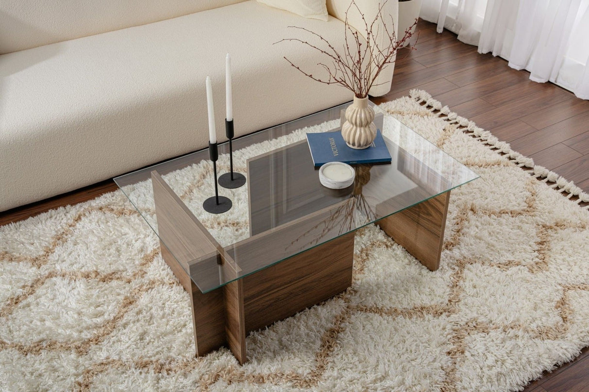 Salontafels - Rechthoekige Moderne Salontafel Vetroni Walnoot Look - Glas - 105x65 cm - Dimehouse