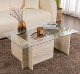 Salontafels - Rechthoekige Moderne Salontafel Vetroni Travertin Look - Glas - 105x65 cm - Dimehouse