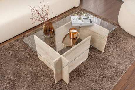 Salontafels - Rechthoekige Moderne Salontafel Vetroni Travertin Look - Glas - 105x65 cm - Dimehouse