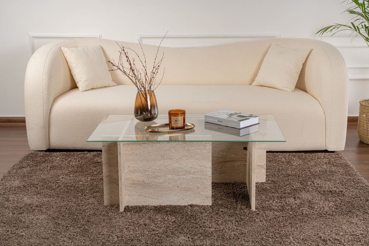 Salontafels - Rechthoekige Moderne Salontafel Vetroni Travertin Look - Glas - 105x65 cm - Dimehouse