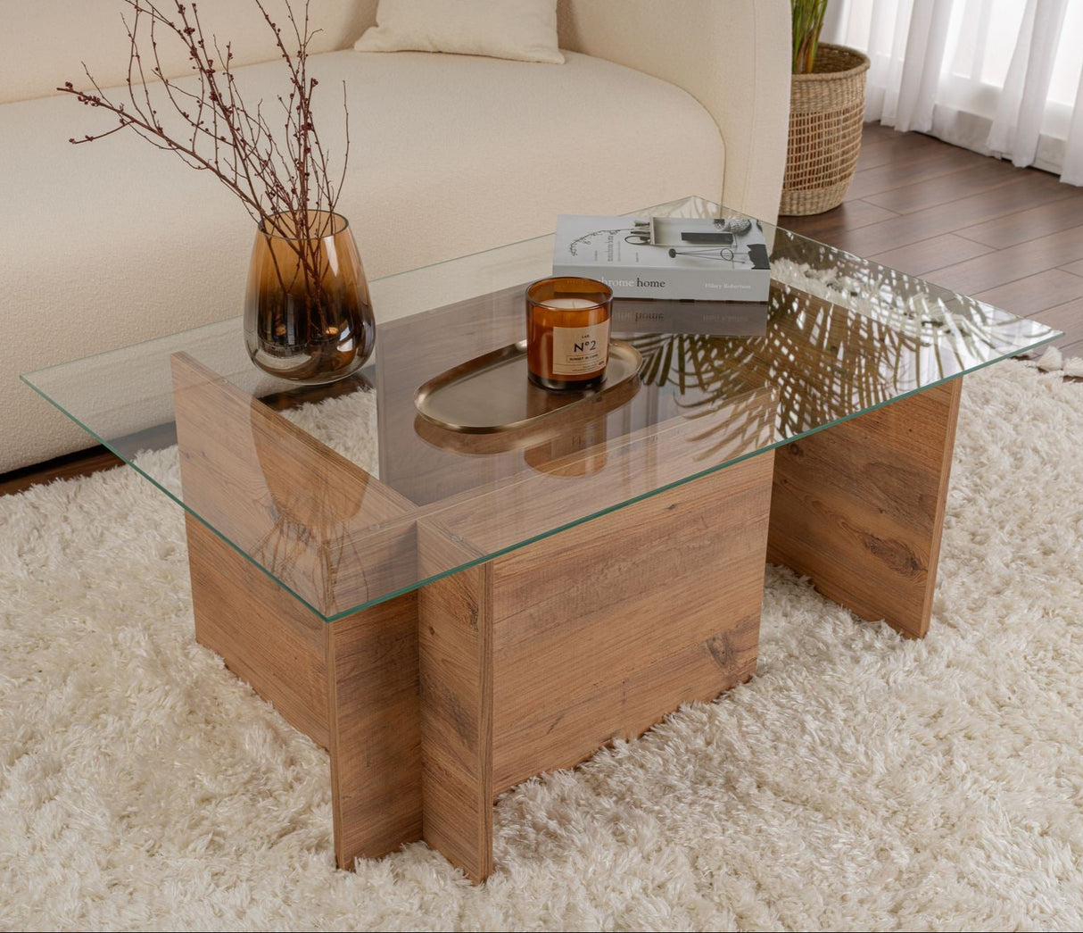 Salontafels - Rechthoekige Moderne Salontafel Vetroni Atlantisch Dennenhout Look - Glas - 105x65 cm - Dimehouse