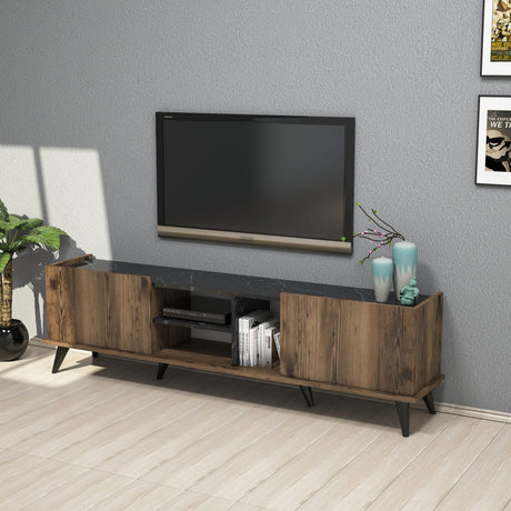 Muebles de televisión elegante nuez negro melamina 180x52x34 cm