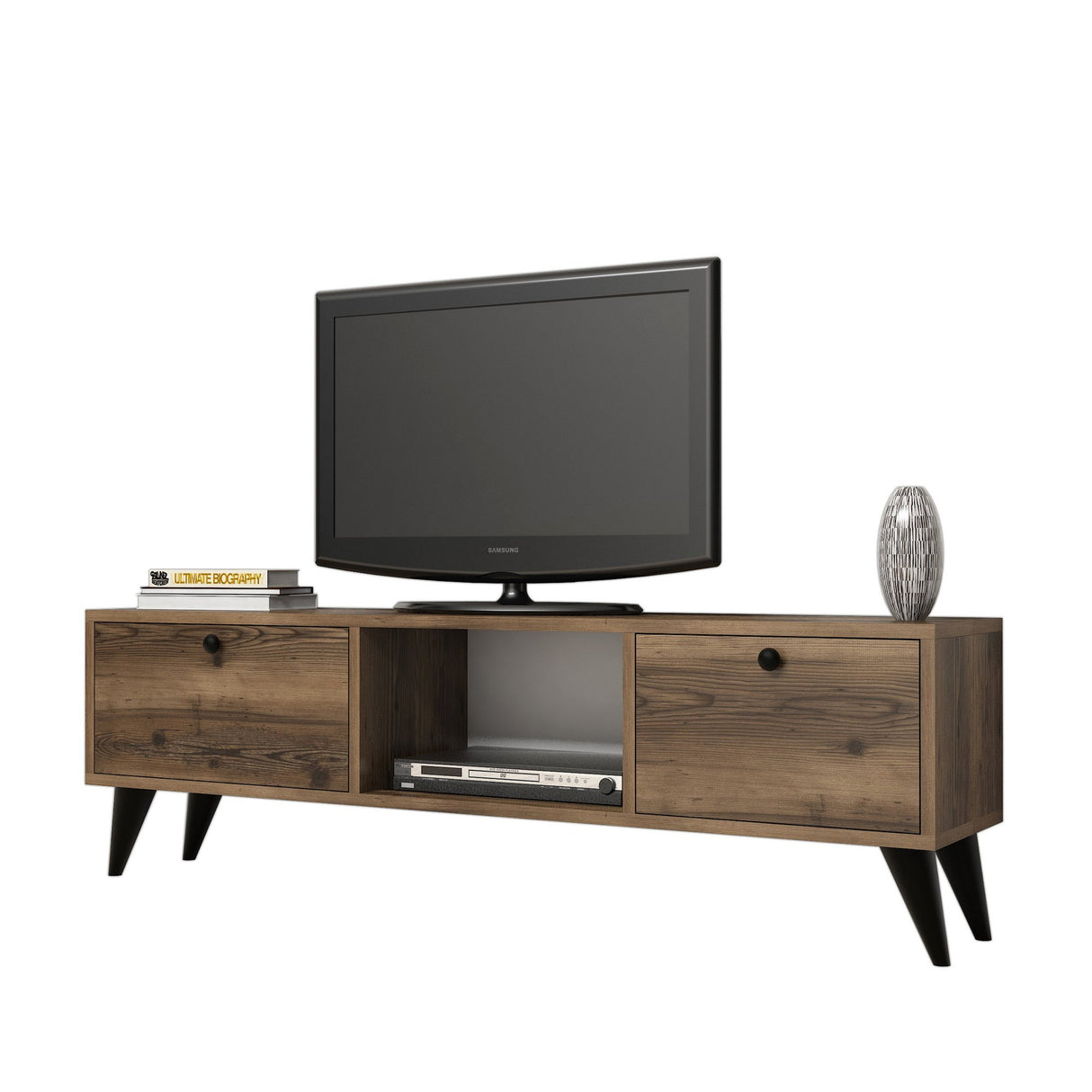 TV Meubels - TV Meubel Serenat Walnoot Zwart Melamine 138x42,6x29,5 cm - Dimehouse