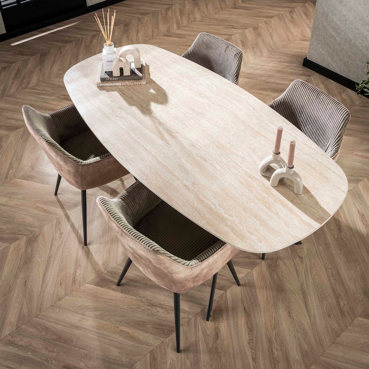 Eettafel Vesta Deens Ovaal Keramiek Travertinlook 180 cm