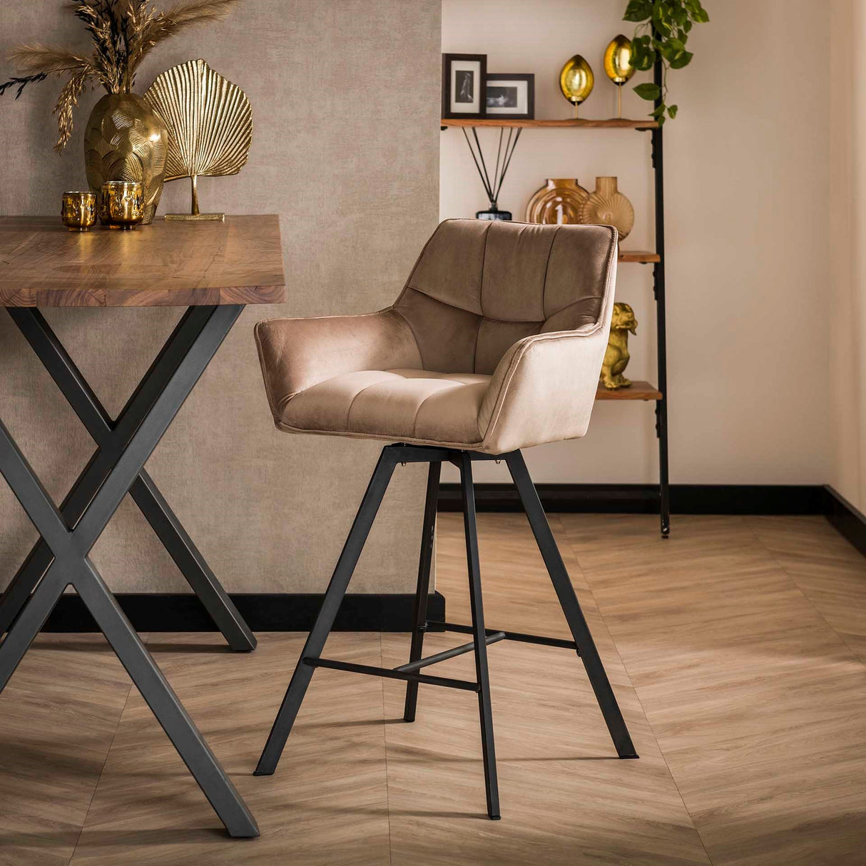 Set van 2 Barkrukken Lino Velvet Champagne Draaibaar