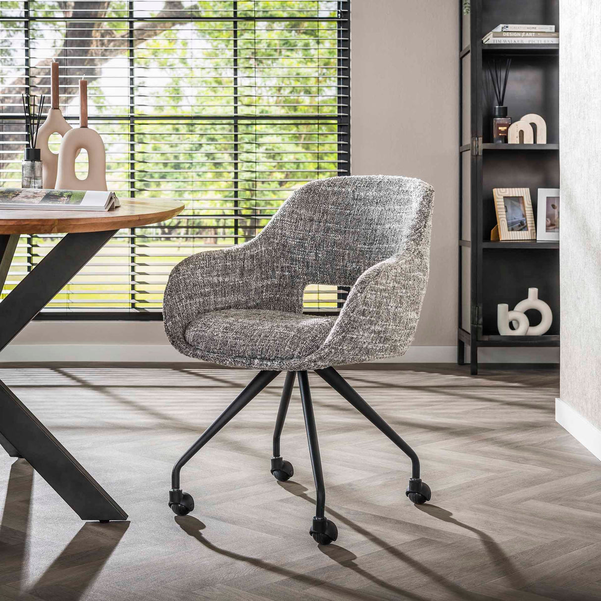 Set van 2 Eetkamerstoelen Met Wieltjes Springo Draaibaar Eagle Stof Staalgrijs
