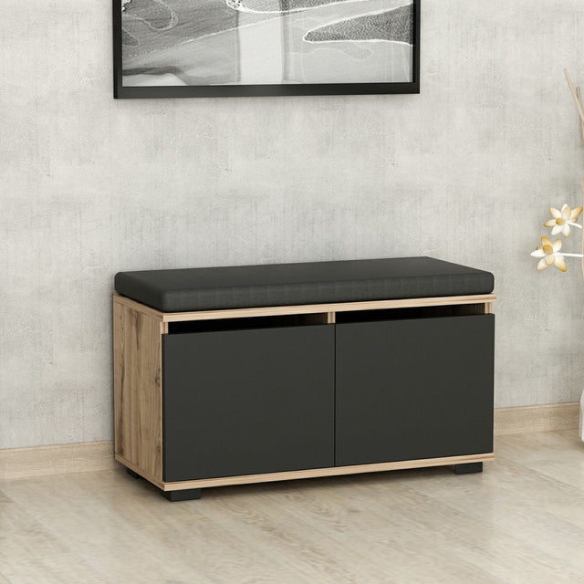 Schoenenkasten - Schoenenkast Drago Walnoot Zwart Melamine 80x42x35 cm - Dimehouse
