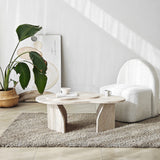 Mesa de salón orgánica de travertino melamina aspecto mármol Melta - 105x65 cm 