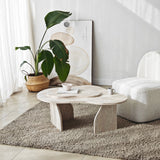 Mesa de salón orgánica de travertino melamina aspecto mármol Melta - 105x65 cm 