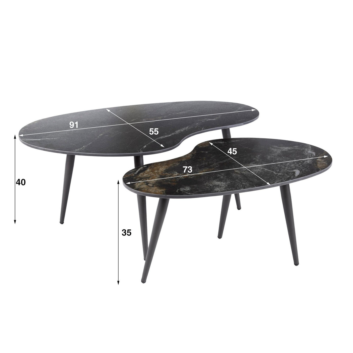 Set de mesas de centro Niora de forma ovalada, 2 piezas, cerámica Fossil Black 