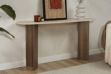 Moderna mesa auxiliar ovalada con tapa de aspecto travertino y base de melamina de nogal. Diseño minimalista y elegante.