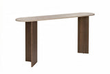 Mesa auxiliar ovalada moderna en color blanco con tapa de aspecto travertino y base de melamina de nogal. Diseño minimalista y elegante.