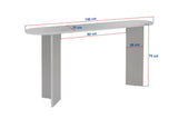 Foto en blanco con dimensiones: moderna mesa auxiliar ovalada con tapa de aspecto travertino y base de melamina de nogal.