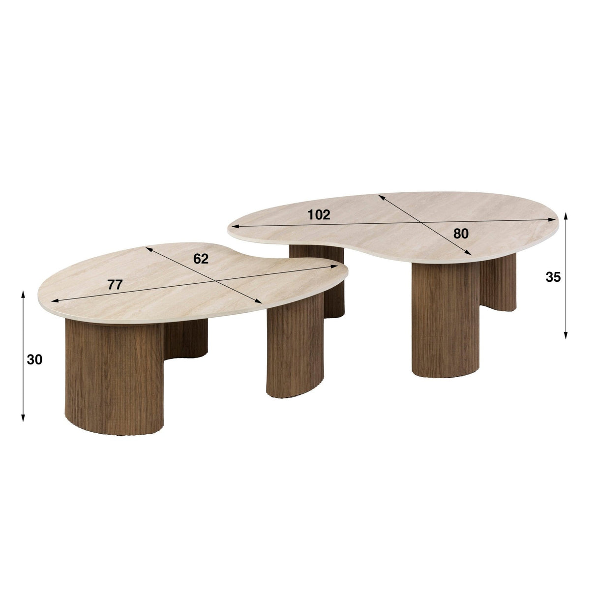 Juego de 2 mesas de centro orgánicas Cruz - cerámica imitación madera de roble travertino acanalada