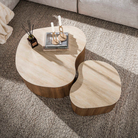 Juego de 2 mesas de centro orgánicas Cruz Bold - Cerámica Travertino imitación madera de roble acanalada
