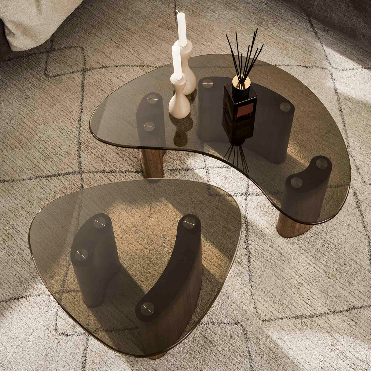 Conjunto de mesas de centro orgánicas de bronce con vidrio, de 2 piezas 