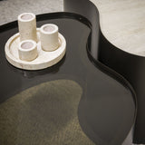Salontafels - Set van 2 organische salontafels Moony – metalen frame & keramiek travertin look en glas - Dimehouse