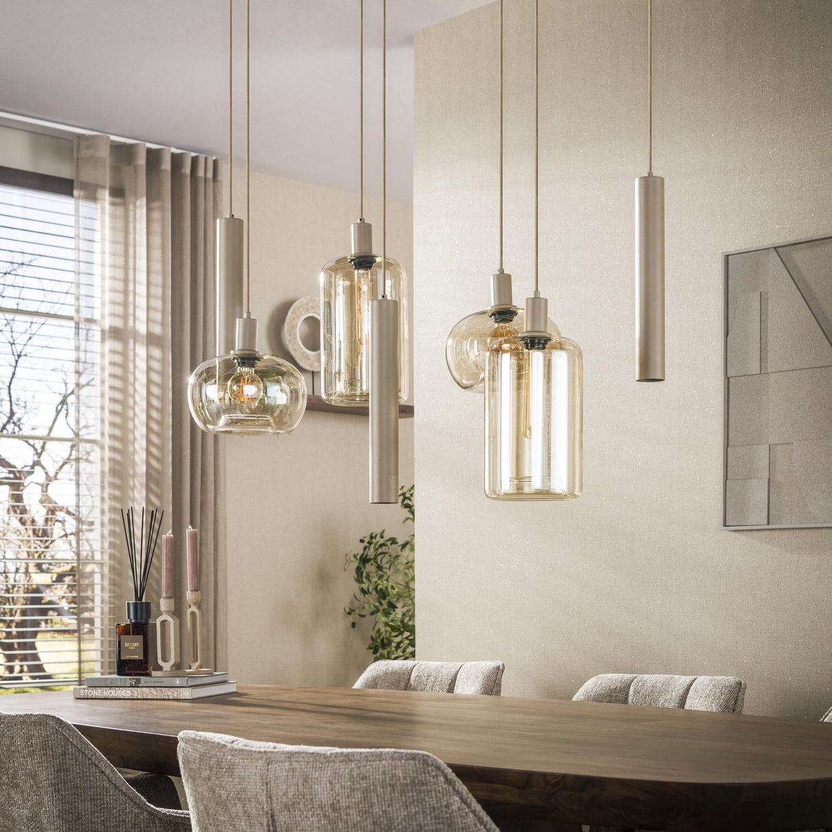 Lámpara colgante Sera 7 luces beige metal ámbar cristal