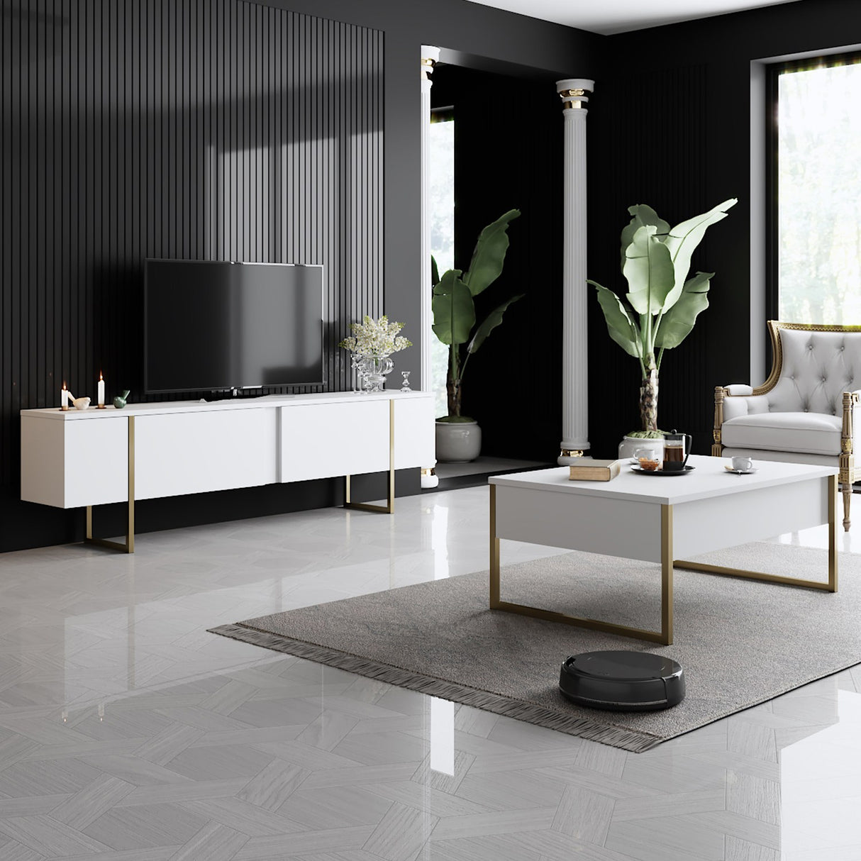 Muebles de TV de lujo Gold White Melamine 180x50x30 cm