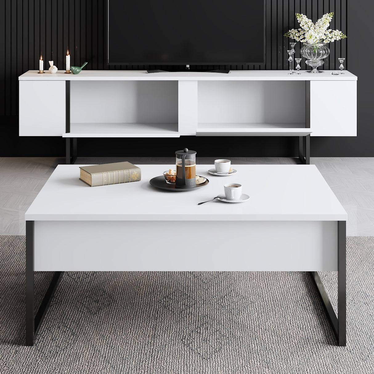 TV Meubels - TV Meubel Luxe Wit Zwart Melamine 180x50x30 cm - Dimehouse