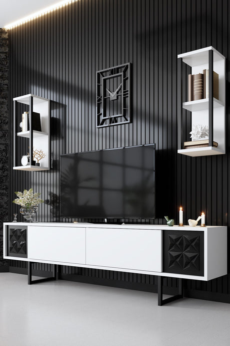Juego de muebles de TV Línea negra Melamina blanca de 180x48x30 cm