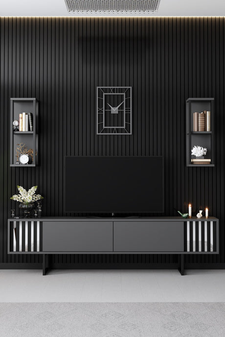 TV Muebles Set Chrome Línea Anthracite Black Melamine 180x48x30 cm