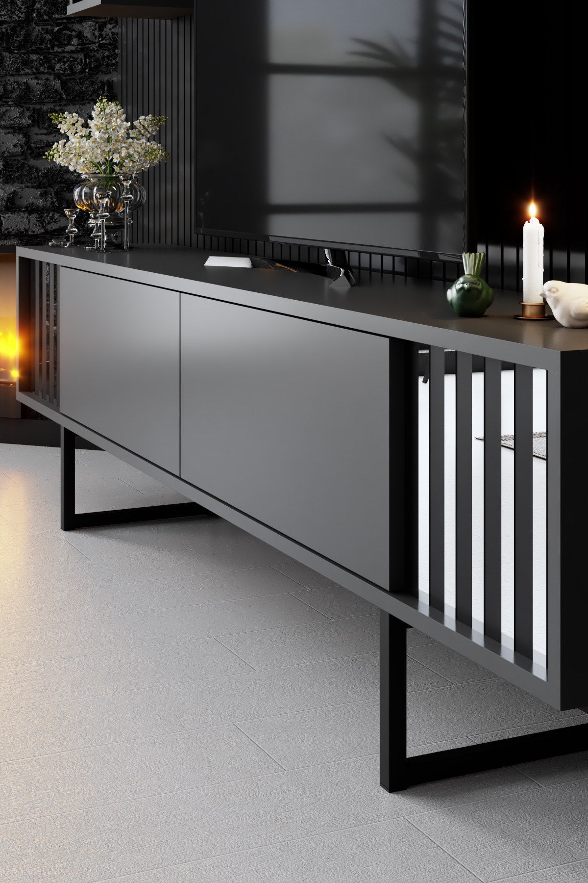 TV Meubels - TV Meubel Set Chrome Line Antraciet Zwart Melamine 180x48x30 cm - Dimehouse