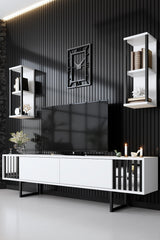TV Meubels - TV Meubel Set Chrome Line Wit Zwart Melamine 180x48x30 cm - Dimehouse