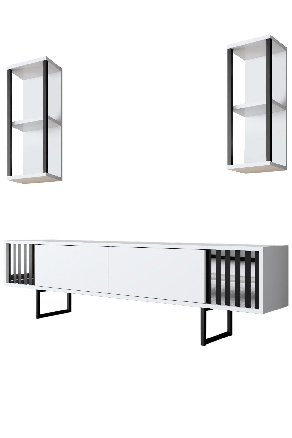 TV Meubels - TV Meubel Set Chrome Line Wit Zwart Melamine 180x48x30 cm - Dimehouse