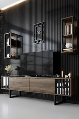 TV Meubels - TV Meubel Set Chrome Line Walnoot Zwart Melamine 180x48x30 cm - Dimehouse