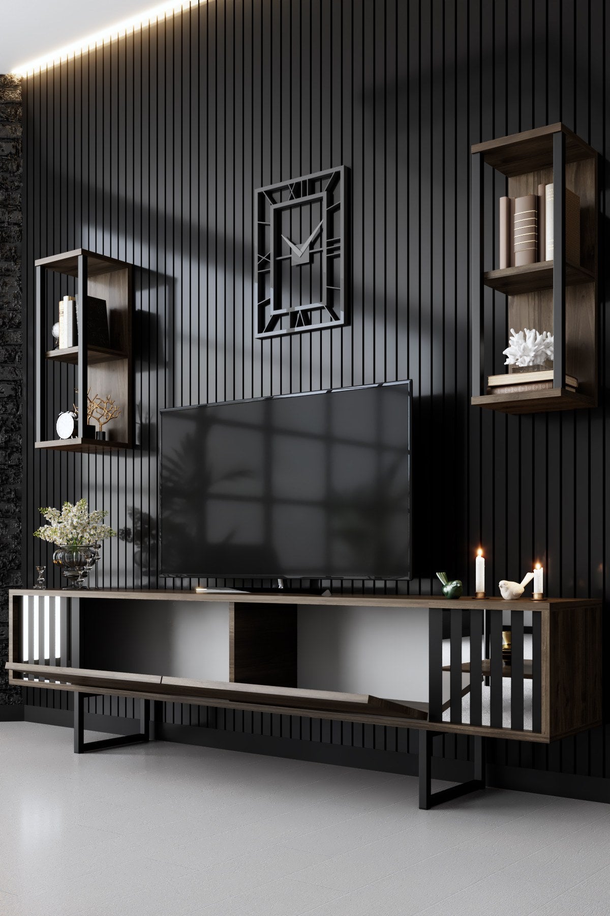 TV Meubels - TV Meubel Set Chrome Line Walnoot Zwart Melamine 180x48x30 cm - Dimehouse