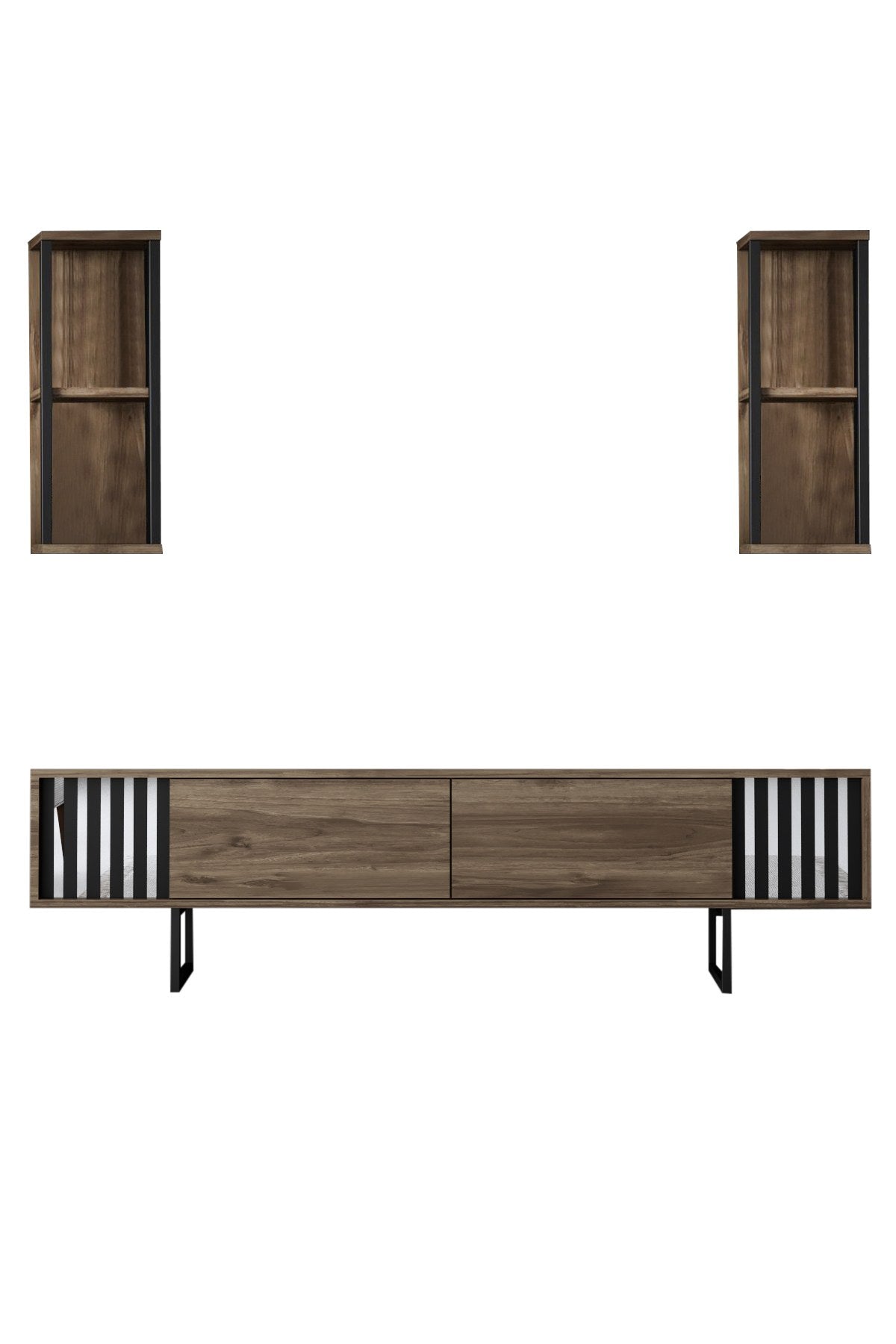 TV Meubels - TV Meubel Set Chrome Line Walnoot Zwart Melamine 180x48x30 cm - Dimehouse