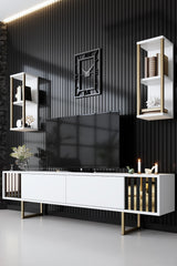 TV Meubels - TV Meubel Set Gold Line Wit Zwart Melamine 180x48x30 cm - Dimehouse