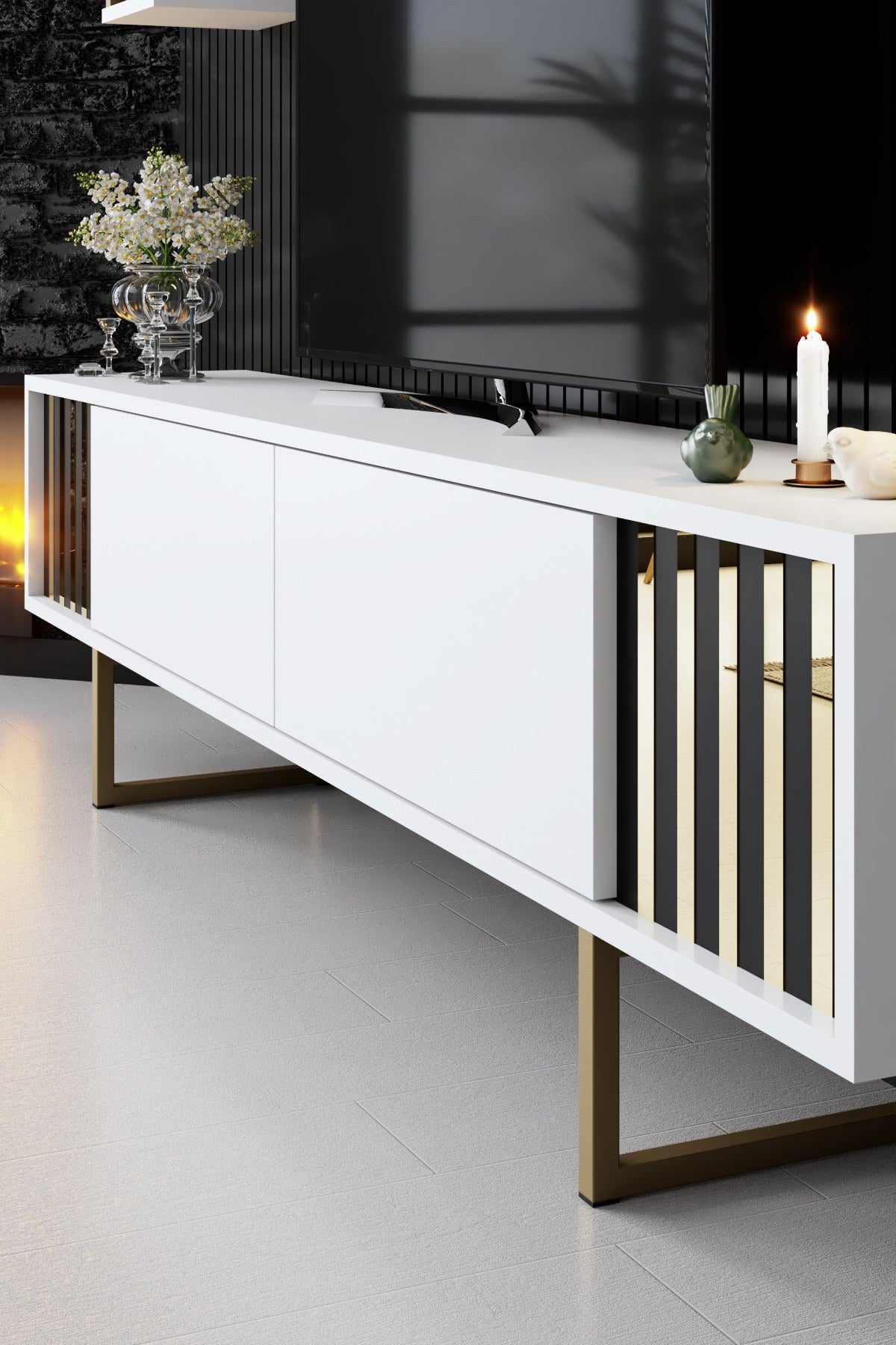 TV Meubels - TV Meubel Set Gold Line Wit Zwart Melamine 180x48x30 cm - Dimehouse