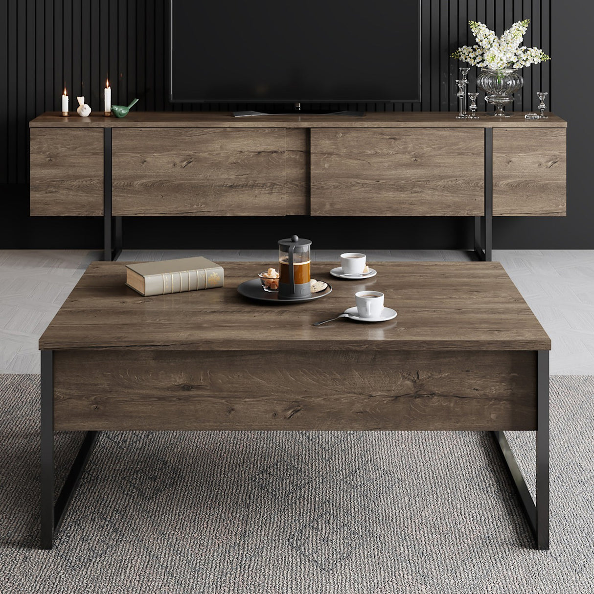 Meubelsets - Meubelset Walnoot Luxe - Salontafel + TV Meubel - Zwart Frame - Dimehouse