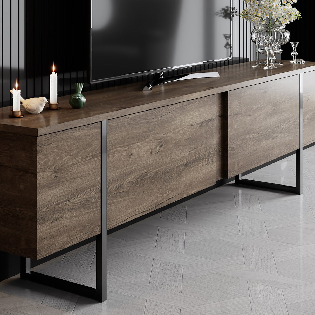 Meubelsets - Meubelset Walnoot Luxe - Salontafel + TV Meubel - Zwart Frame - Dimehouse