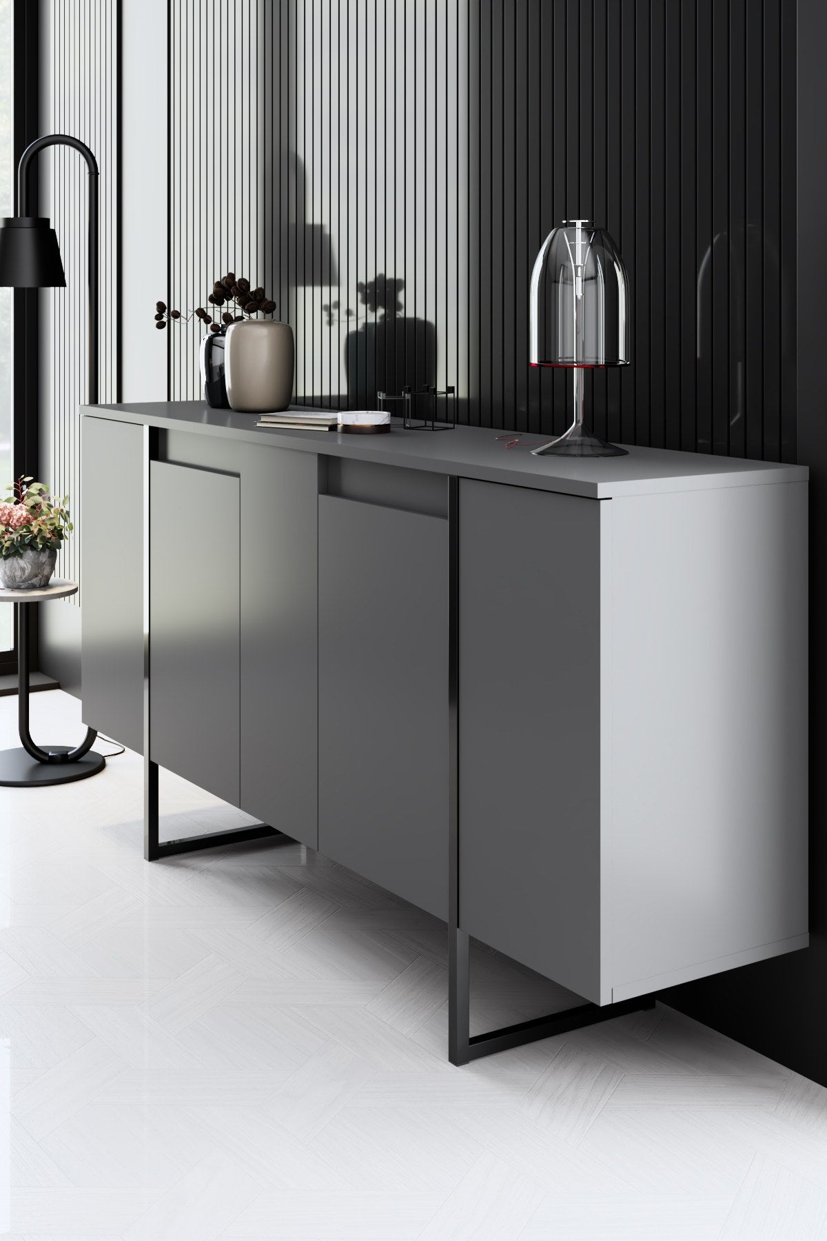 Meubelsets - Meubelset Antraciet Luxe - Salontafel + TV Meubel + Dressoir - Zwart Frame - Dimehouse