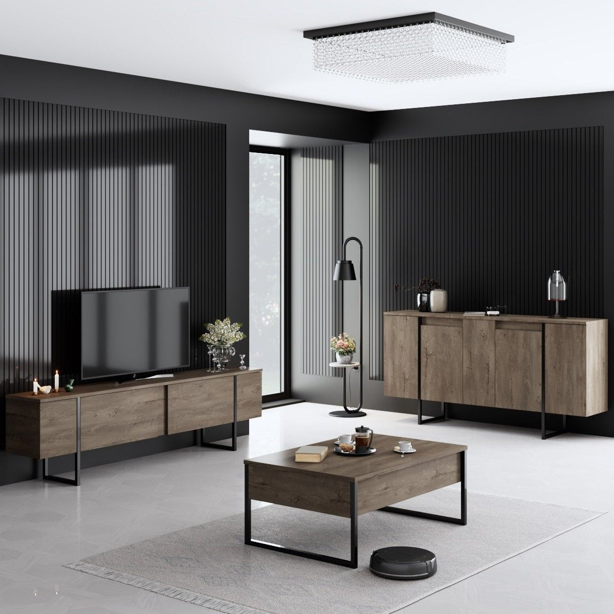 Meubelsets - Meubelset Walnoot Luxe - Salontafel + TV Meubel + Dressoir - Zwart Frame - Dimehouse