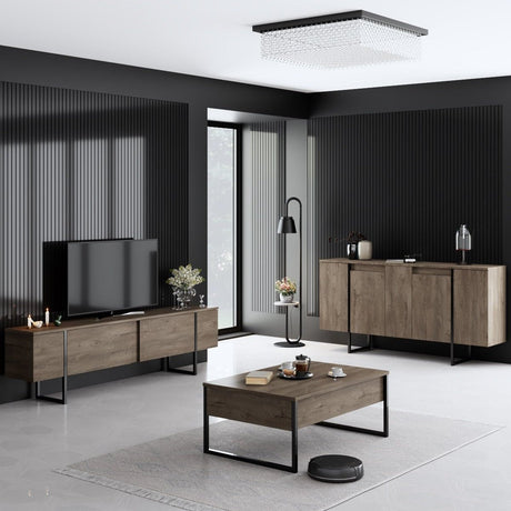 Meubelsets - Meubelset Walnoot Luxe - Salontafel + TV Meubel + Dressoir - Zwart Frame - Dimehouse