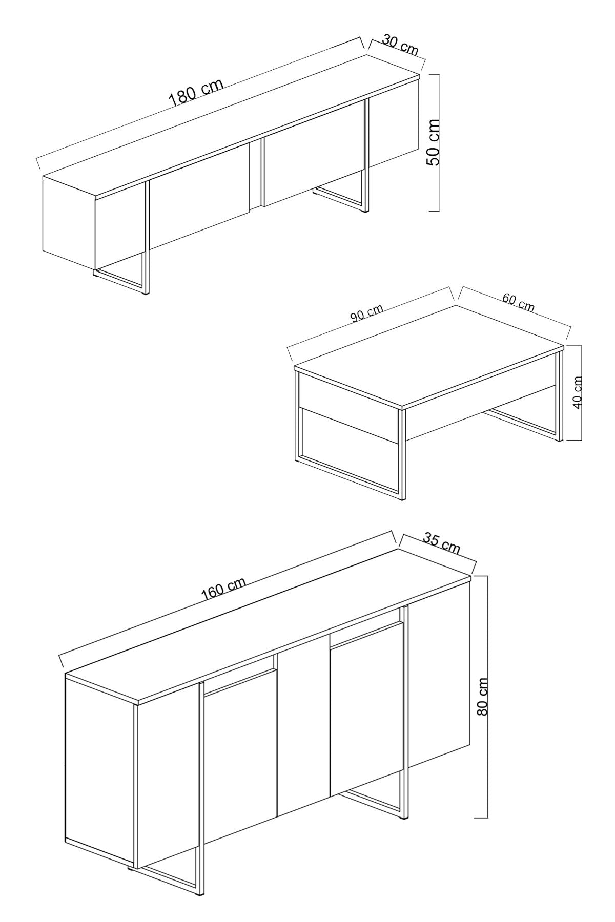 Conjunto-de-muebles-Antracita-Lujo---Mesa-de-centro-+-Mueble-TV-+-Aparador---Marco-Dorado