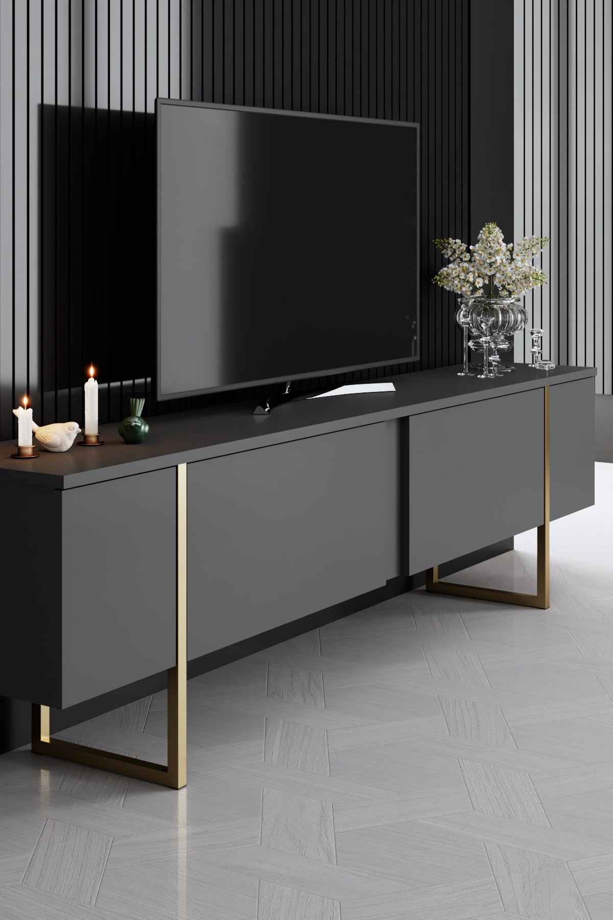 Conjunto-de-muebles-Antracita-Lujo---Mesa-de-centro-+-Mueble-TV-+-Aparador---Marco-Dorado