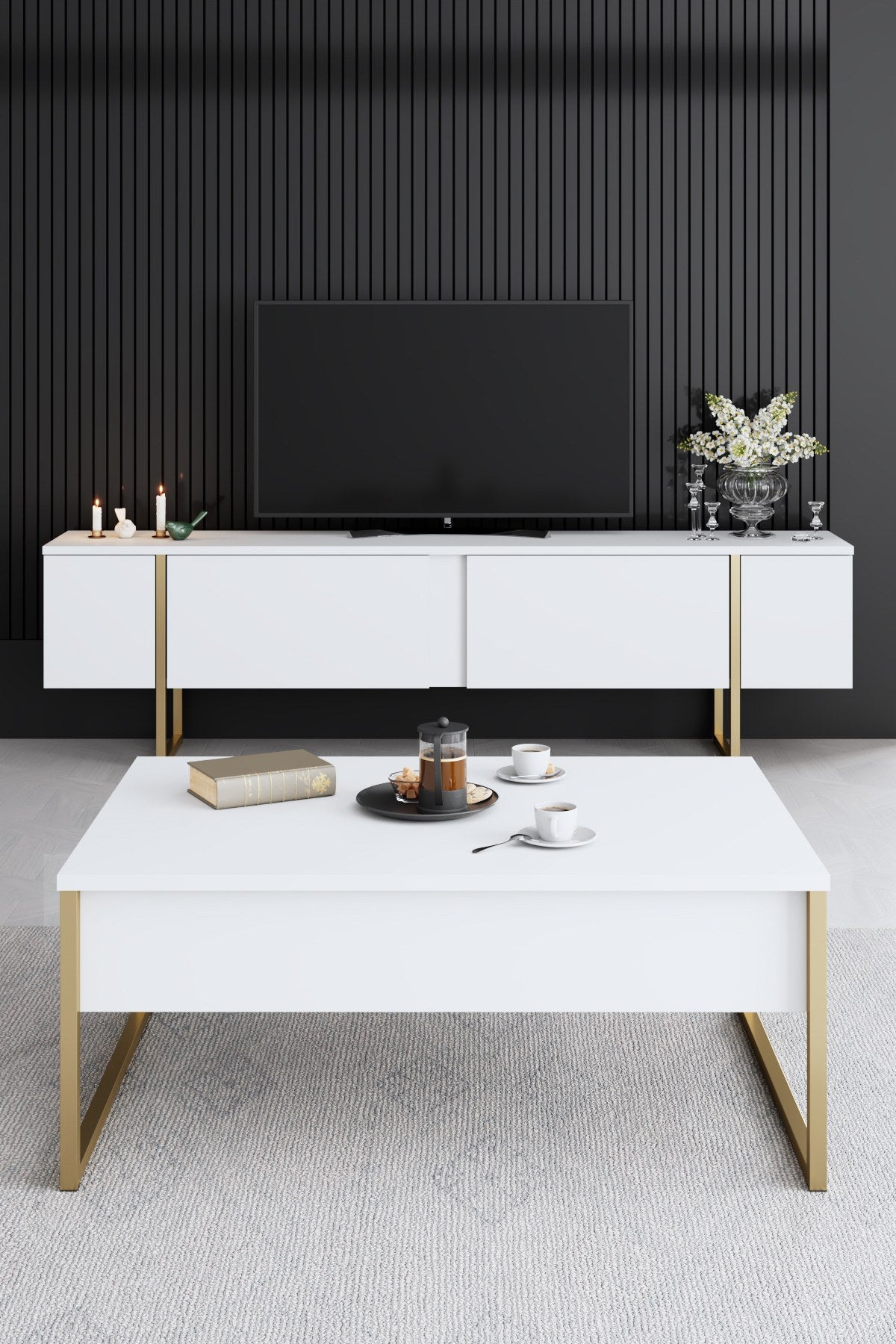 Meubelsets - Meubelset Wit Luxe - Salontafel + TV Meubel + Dressoir - Gouden Frame - Dimehouse